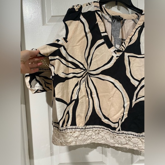 Rachel Zoe Linen Blouse Top Women 1X Black Cream Oversized Puff Sleeve - Picture 12 of 12